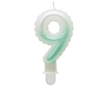 G sviečka číslo 9 bielo-zelená v tvare balónika